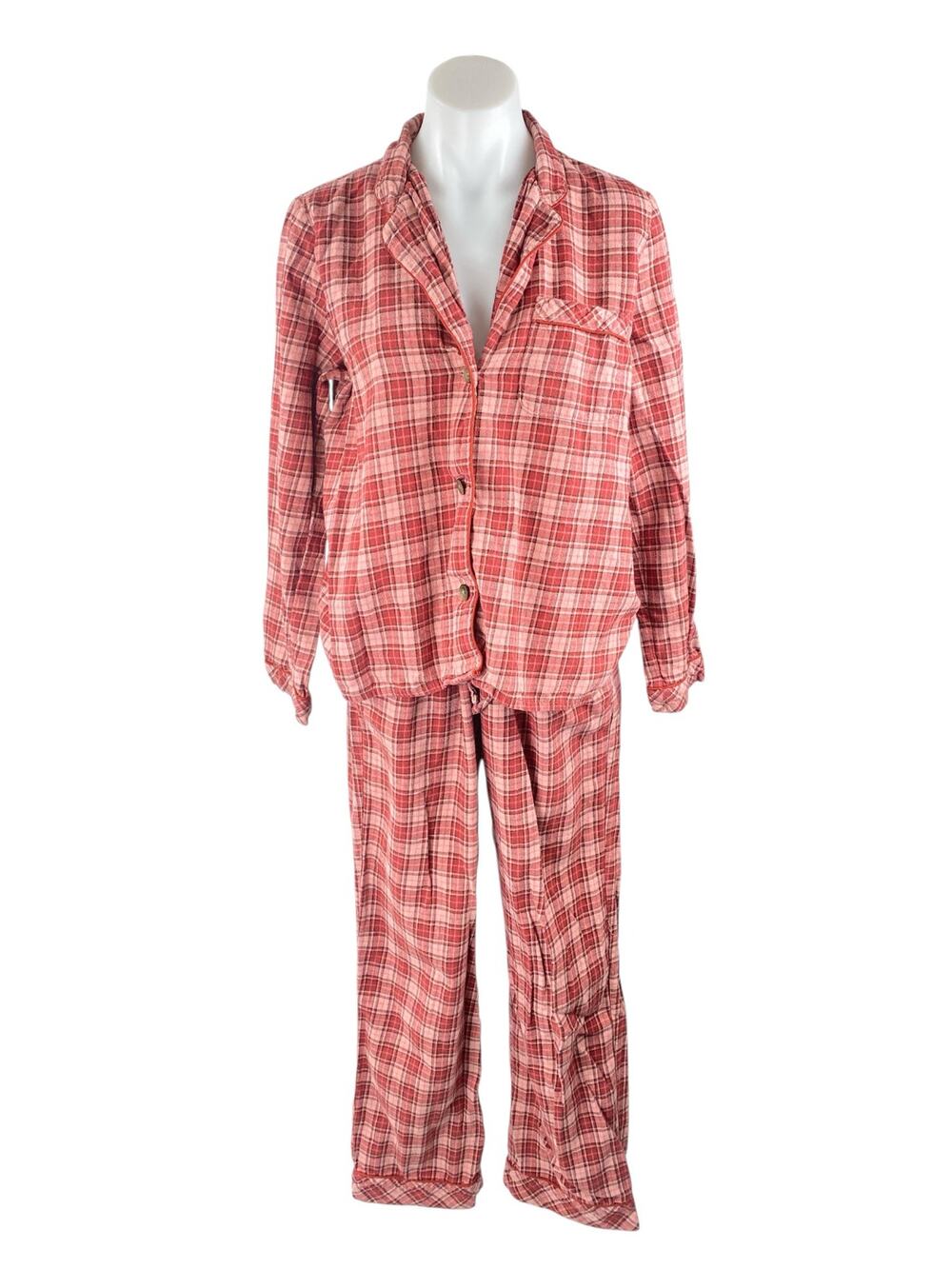 Madewell Red Plaid Check Button Down Long Sleeve Wide Leg Sleepwear Pajama Set M